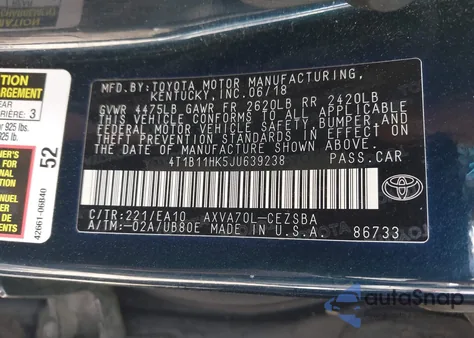 2018 Toyota Camry Se from USA, damaged, VIN 4T1B11HK5JU639238